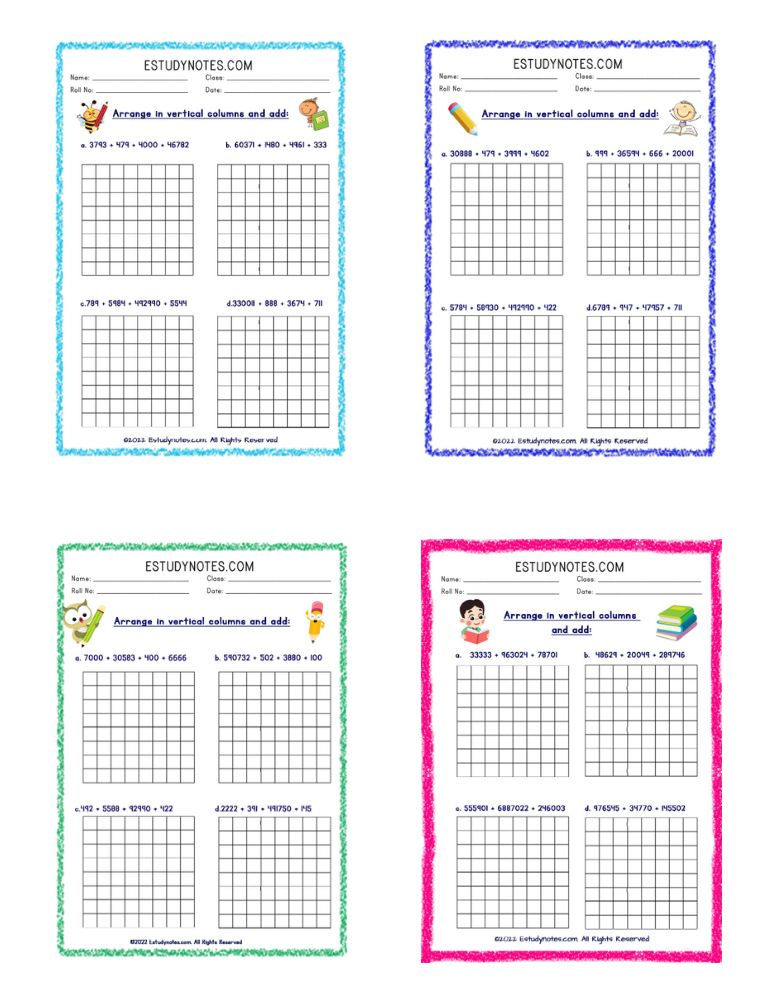Class 4 Maths Addition Worksheets