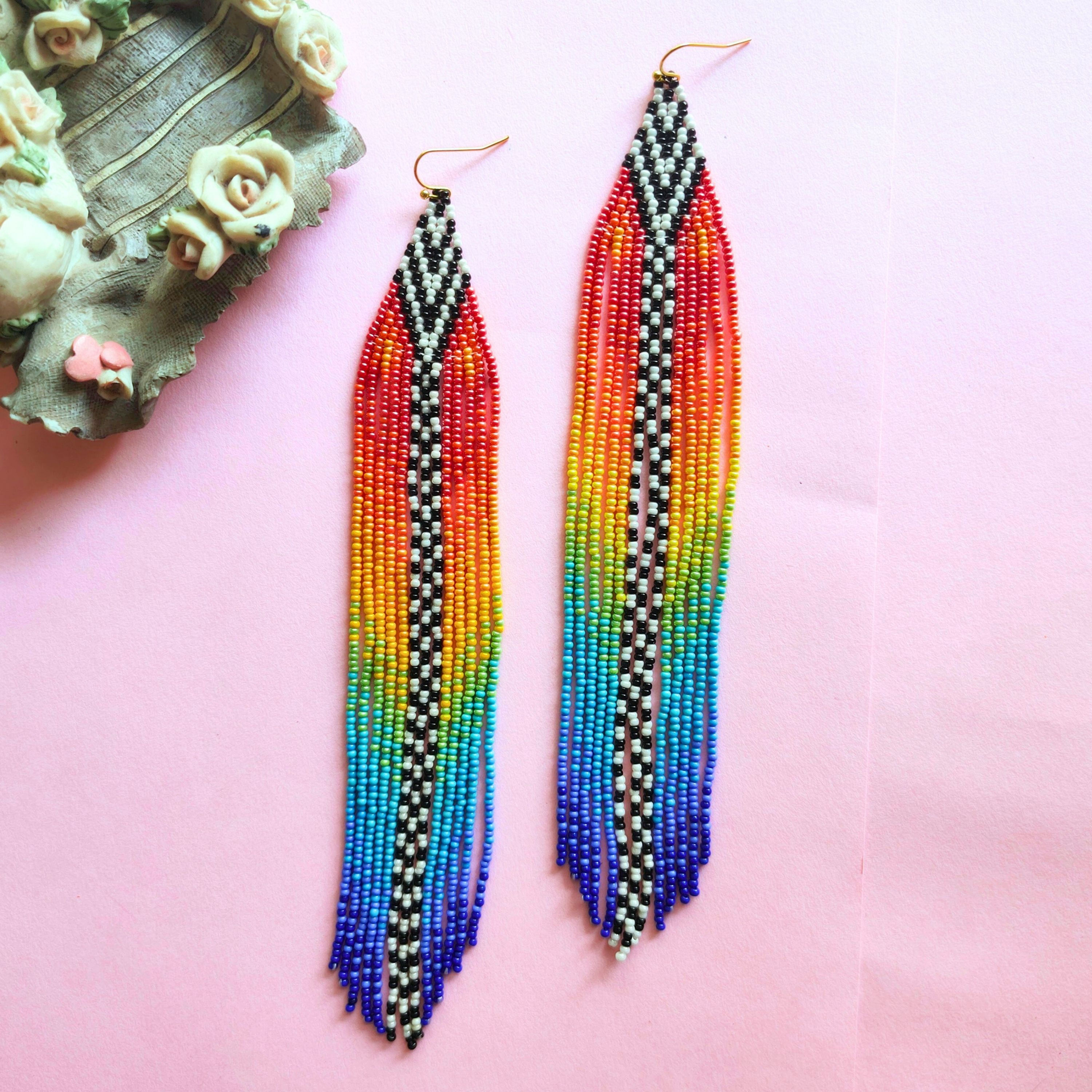 Extra Long Ombre Seed Bead Fringe Bohemian Handmade Earrings For Women