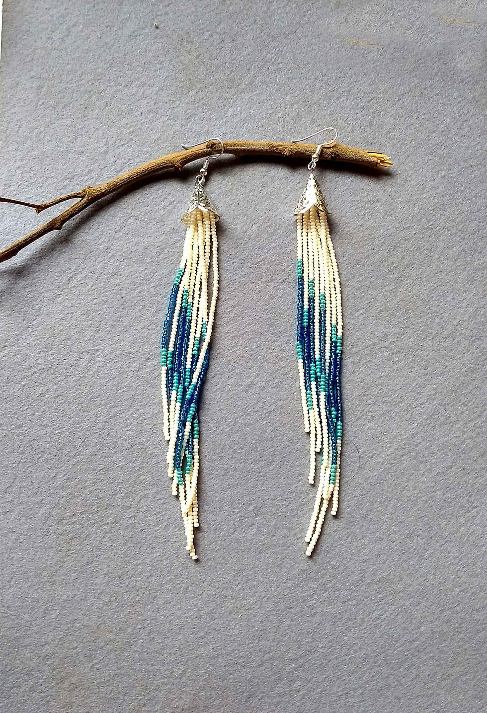 Thumbnail: Very Long Blue And Offwhite Seed Bead Tassel Earrings For Women