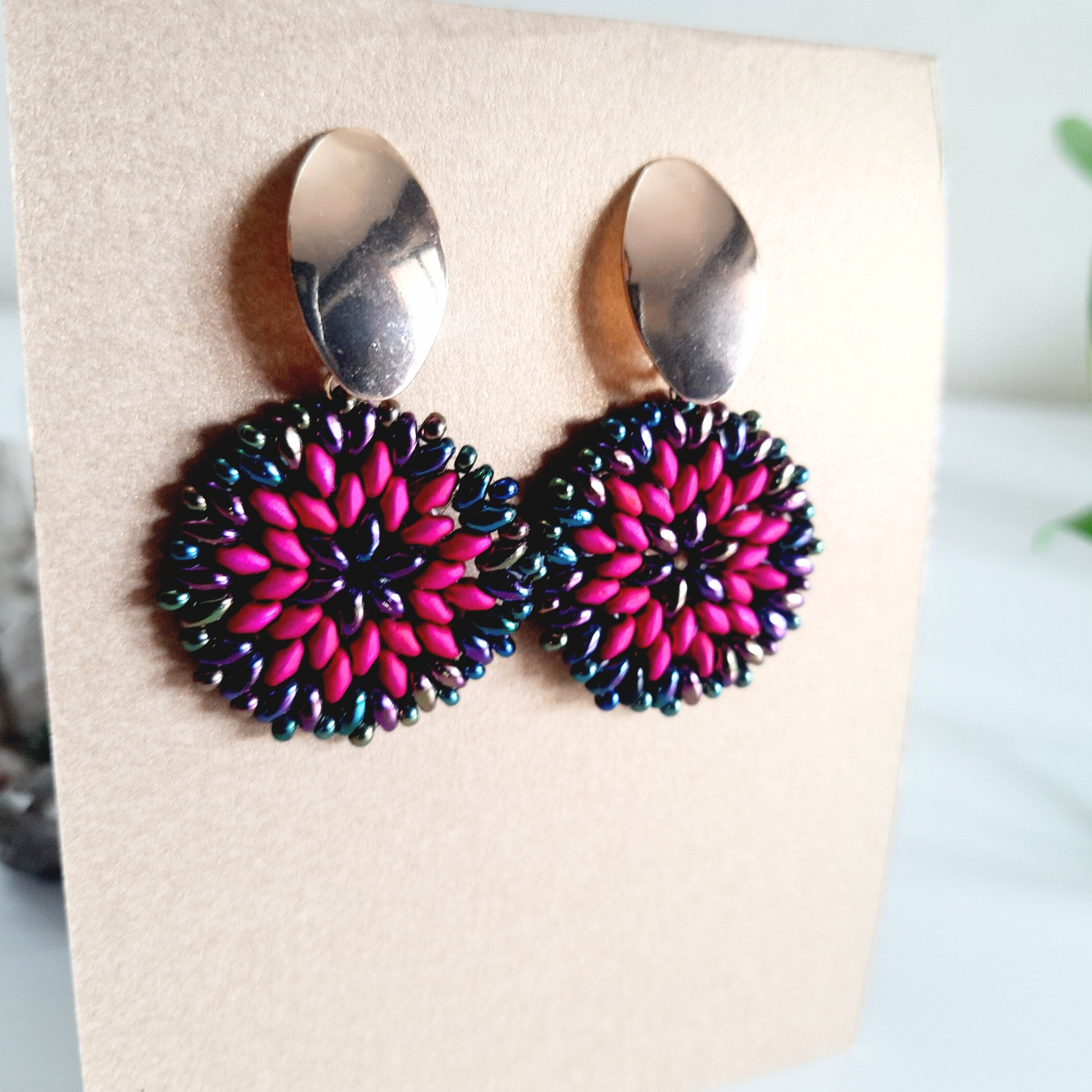 Magenta and Iridescent Beaded Handcrafted Stud Earrings For Women