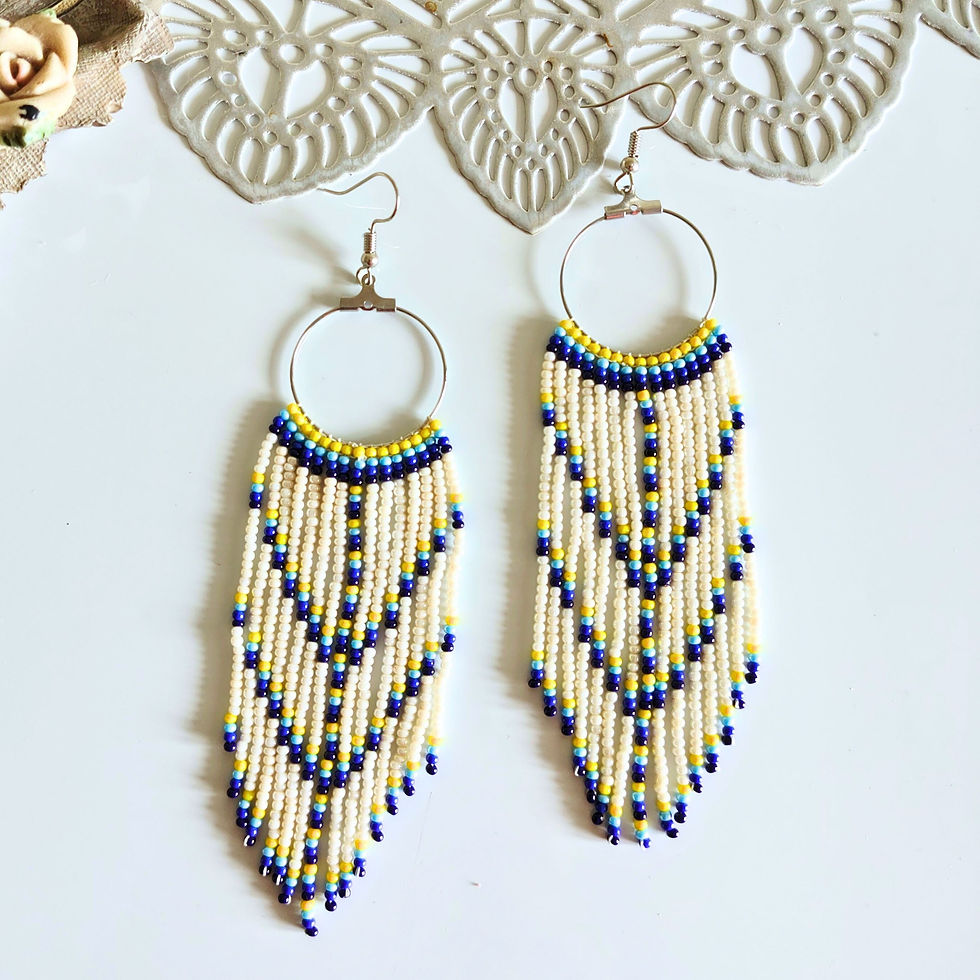 Thumbnail: Handmade Seed Bead Fringe Earrings – Offwhite, Blue and Yellow Bohemian Earrings