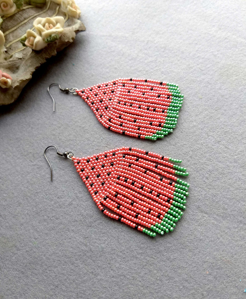 Thumbnail: Watermelon Fruit Seed Bead Fringe Boho Handmade Earrings for Women