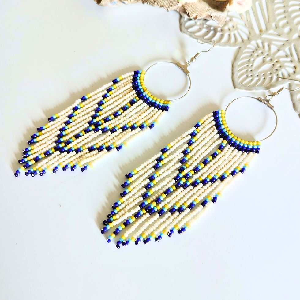 Thumbnail: Handmade Seed Bead Fringe Earrings – Offwhite, Blue and Yellow Bohemian Earrings
