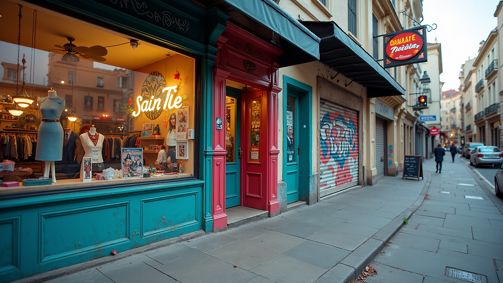 Eye-level view of a vibrant street art mural on a clothing store