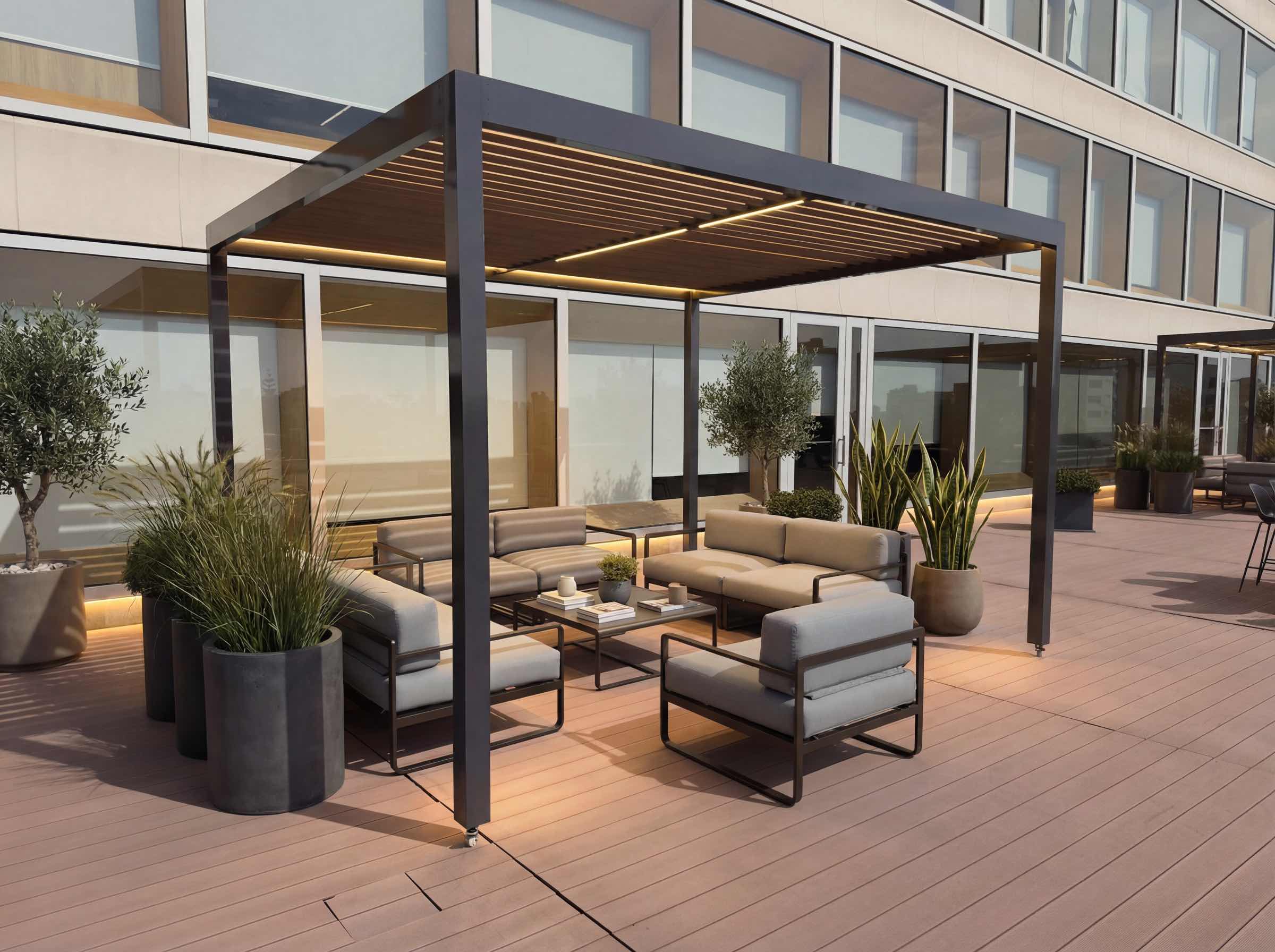 Pérgolas bioclimáticas motorizadas con celosías de aluminio ajustables