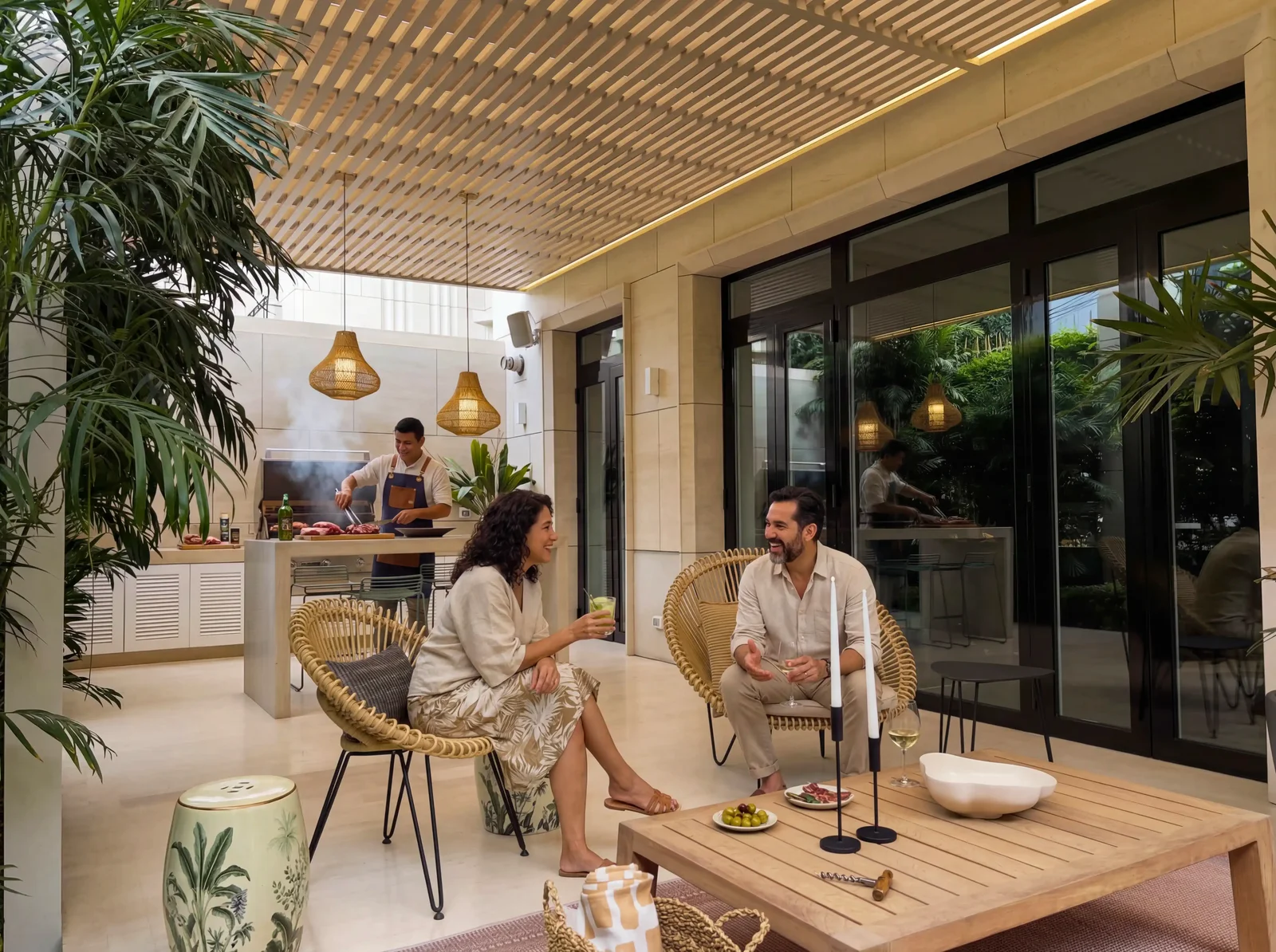 Terraza integral con zona de parrilla al atardecer en Lima