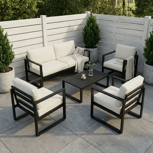 Set de lounge exterior de aluminio negro mate con cojines premium