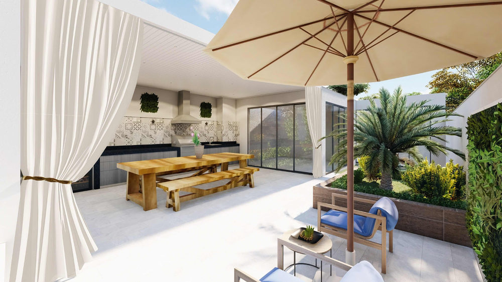 Render 3D de una terraza diseñada a medida