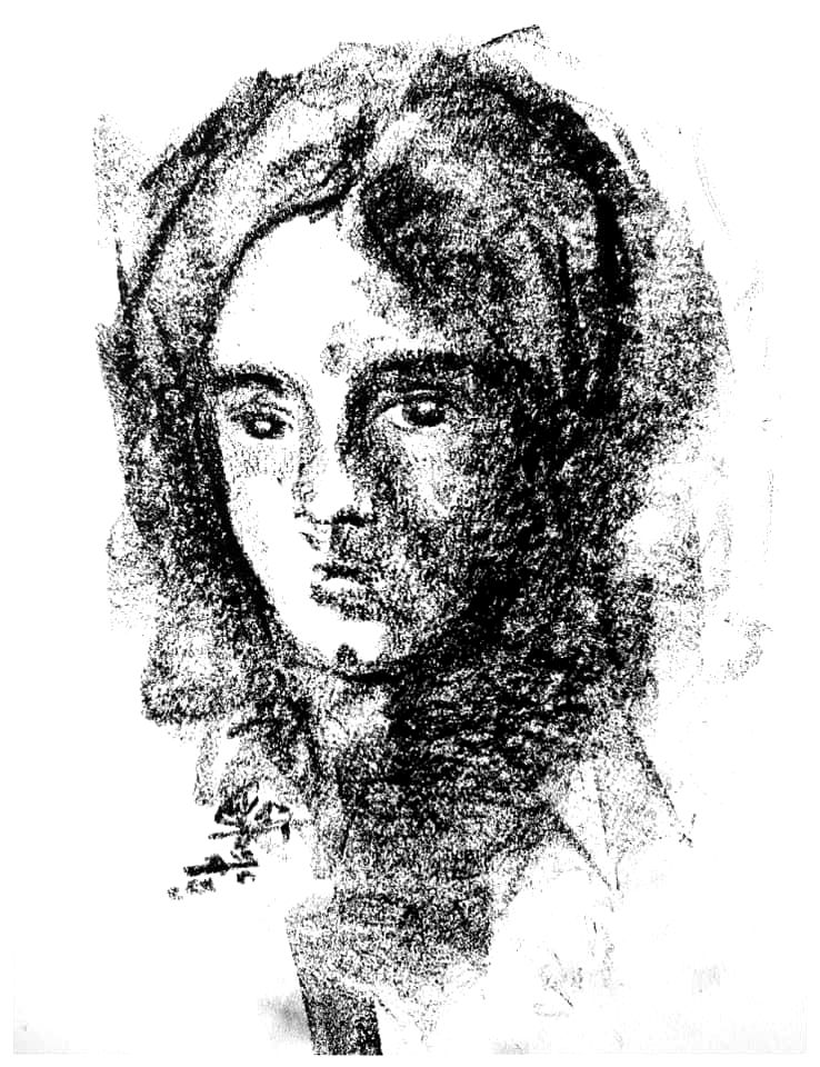 This charcoal sketch captures the portrait of a person, with an emphasis on the figure's face. The artist uses expressive, te