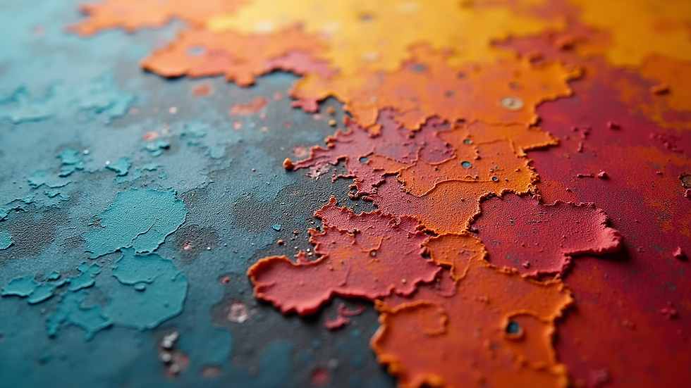 Close-up view of a textured painting with vibrant colors