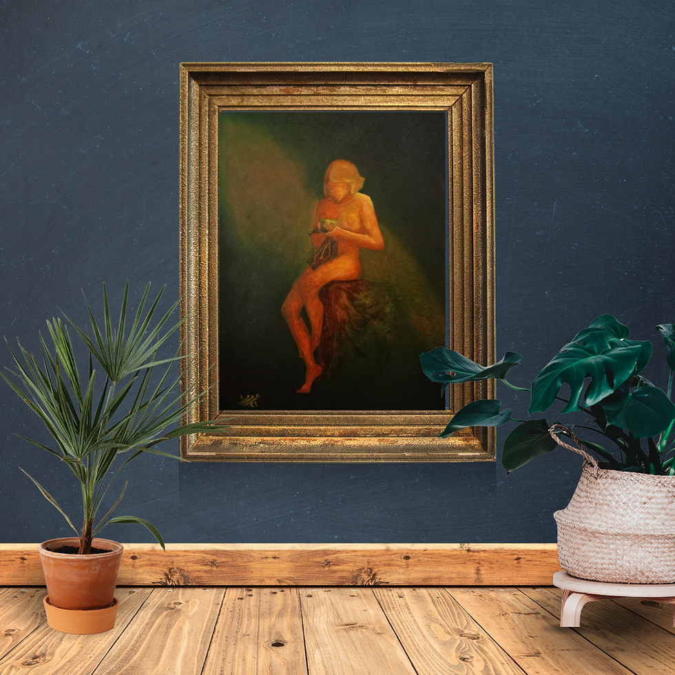 Thumbnail: This painting features a captivating, moody portrait of a woman sitting in a dark environment. The subject, a woman, is depic