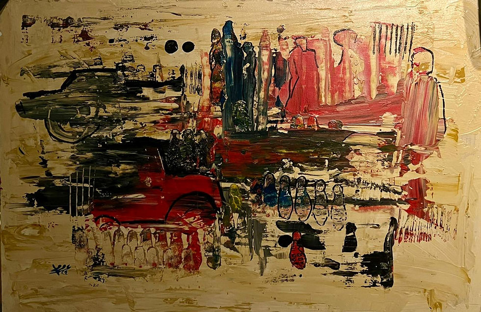 This is an abstract painting featuring a dynamic composition of bold, textured strokes and splashes of color. The canvas is f