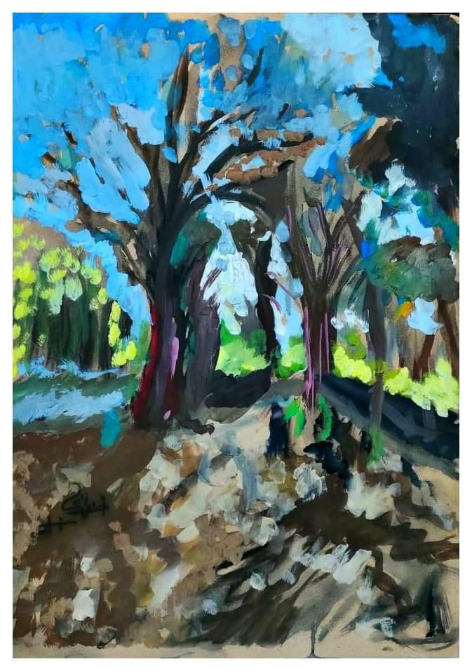 This vibrant and expressive painting captures a scene of trees with bold strokes of color. The artist uses a rich palette of