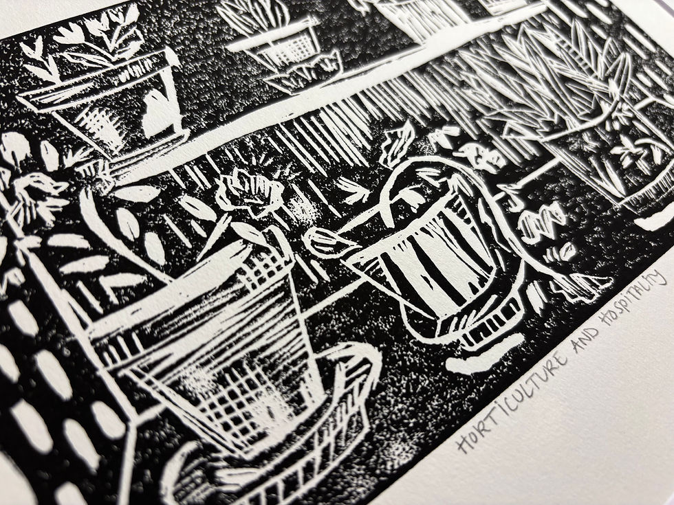 Thumbnail: "Horticulture and Hospitality" - Original Lino Block Print -WHITE
