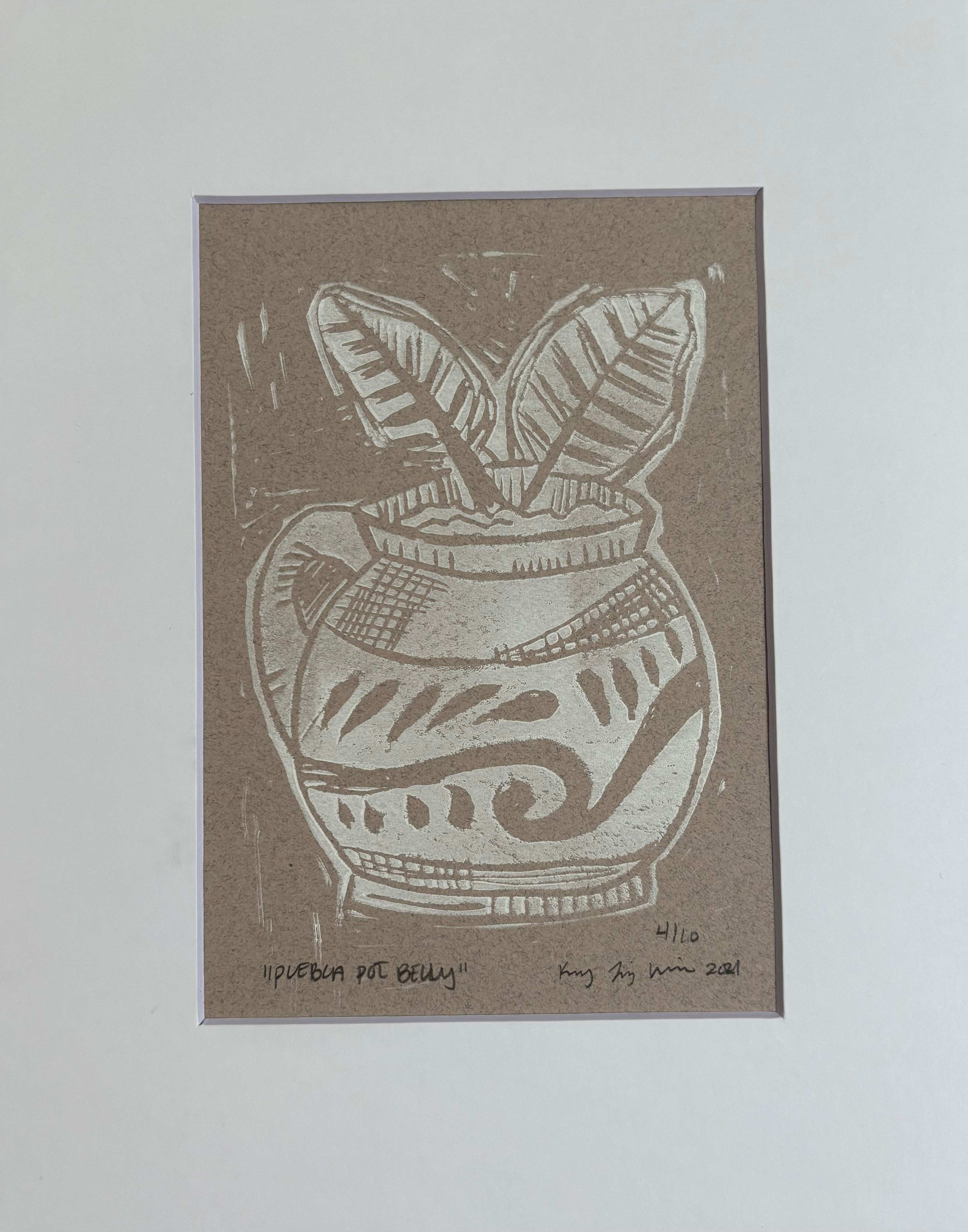 "Puebla Pot Belly" - Original Lino Block Print WHITE ON TONED TAN
