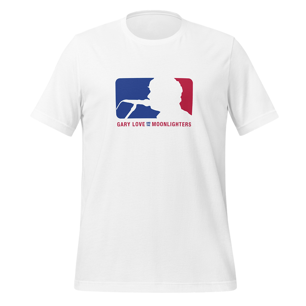 Thumbnail: White t-shirt with baseball logo replica Gary Love and the Moonlighters emblem. Print is Red, White and Blue