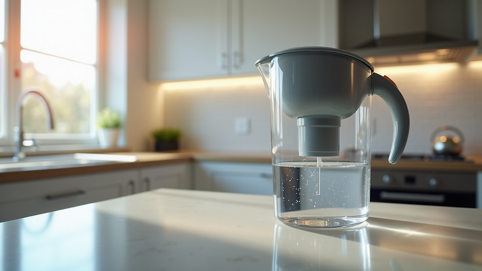 Close-up view of a modern water filter pitcher on a kitchen counter