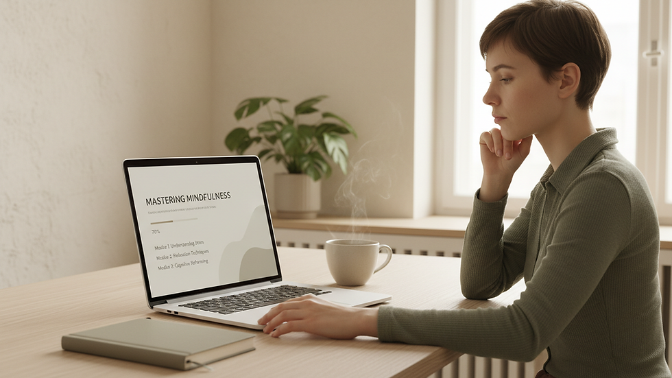 Eye-level view of a laptop displaying a stress management course interface