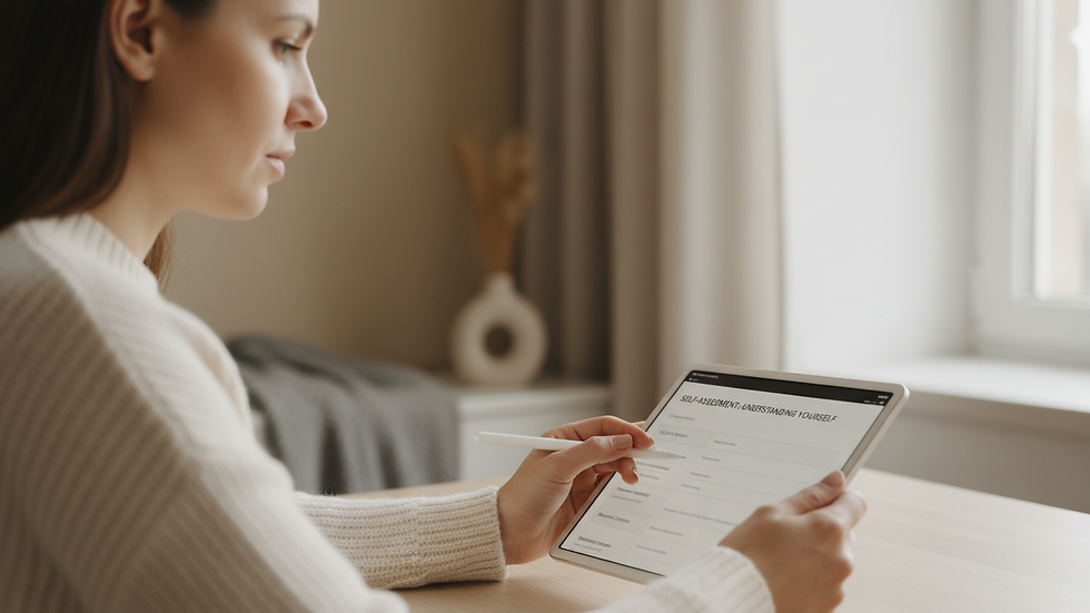 Close-up view of a person filling out an online self-assessment on a tablet
