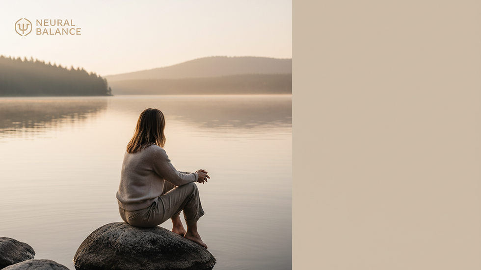 Eye-level view of a serene lakeside with calm water and soft morning light