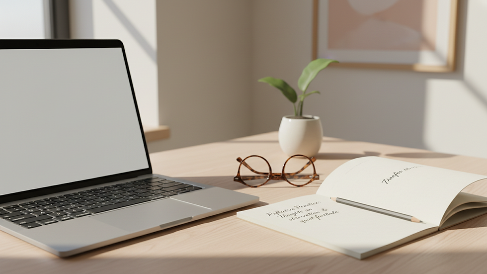 Eye-level view of a laptop keyboard and a notebook on a desk
