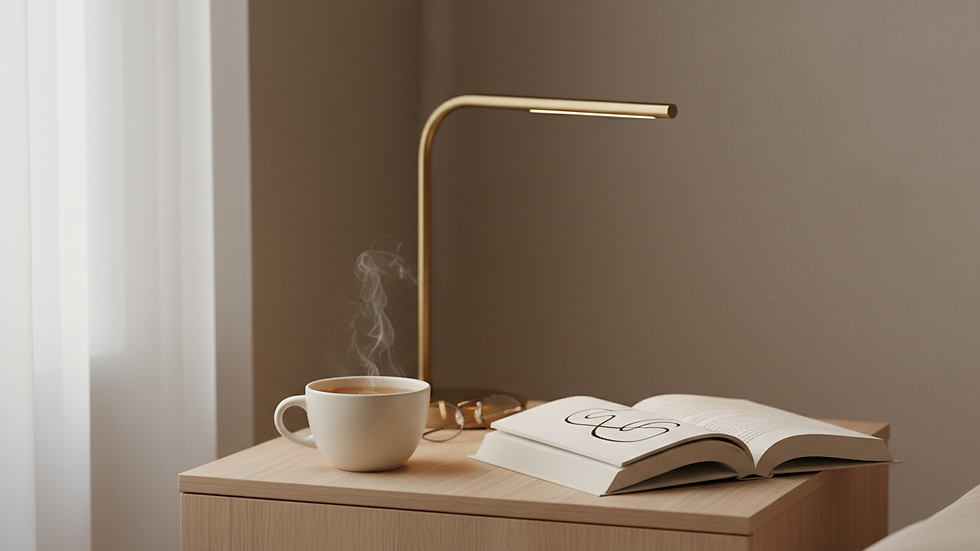Close-up view of a bedside table with a book, a small lamp, and a cup of herbal tea