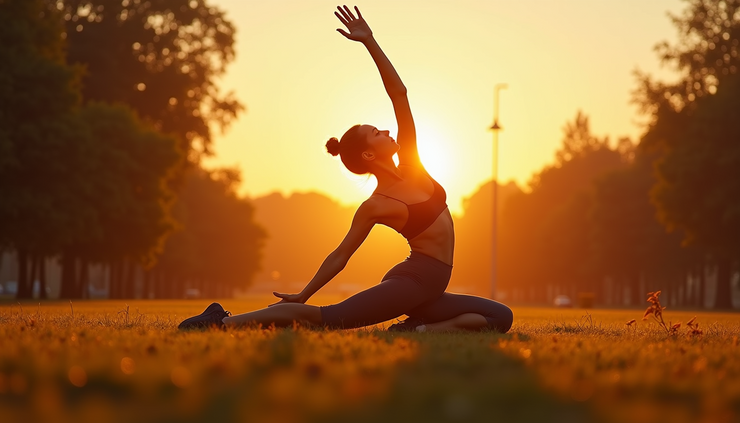 Eye-level view of a person stretching outdoors during sunrise