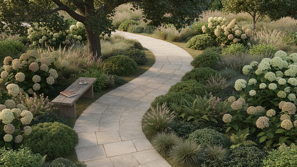 High angle view of a peaceful garden path surrounded by greenery