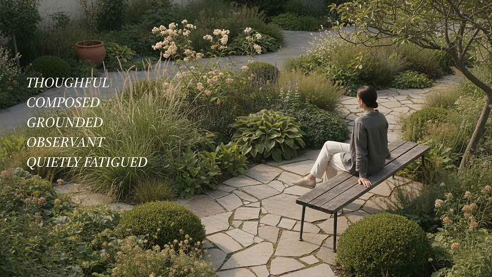 High angle view of a peaceful garden with a bench and greenery