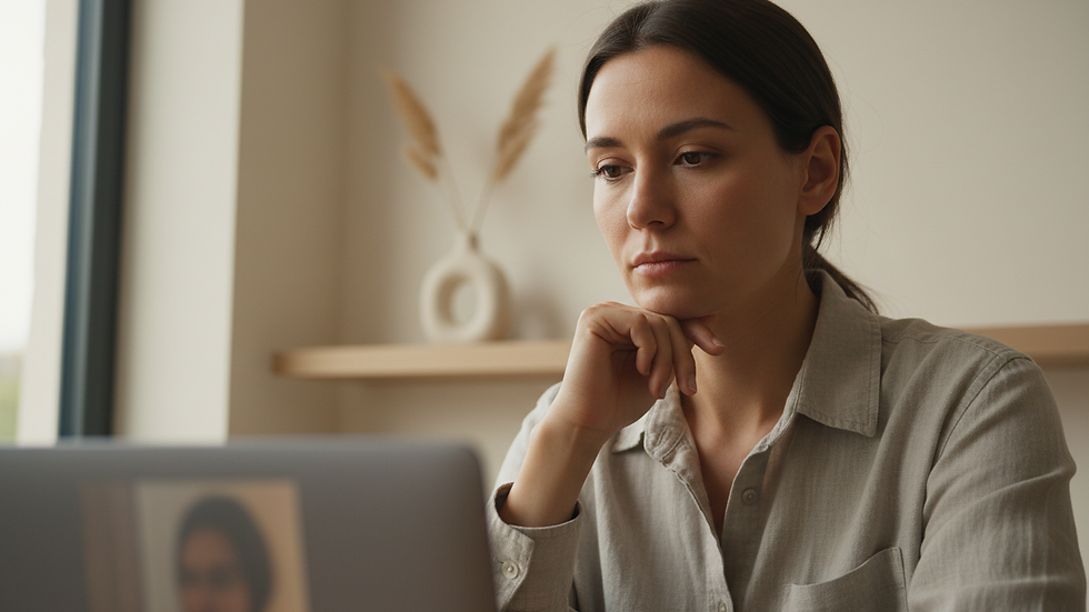 Close-up view of a person thoughtfully listening during a video call