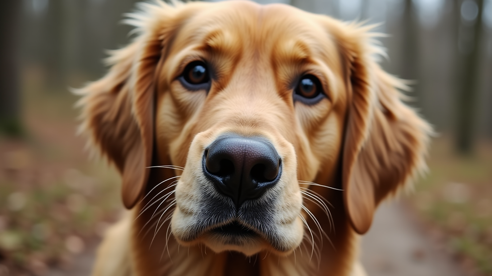 Close-up view of a Golden Retriever’s face looking curious