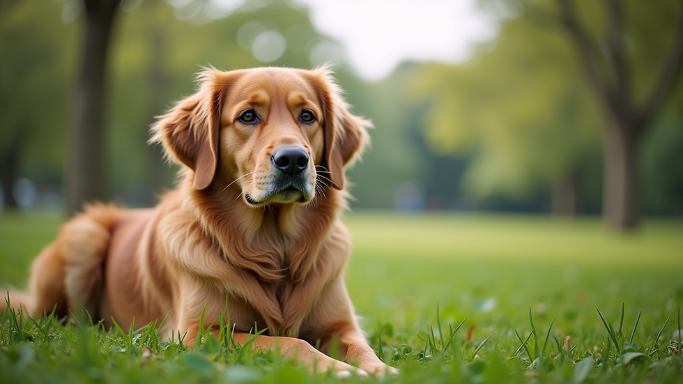 Eye-level view of a female Golden Retriever sitting calmly in a grassy park