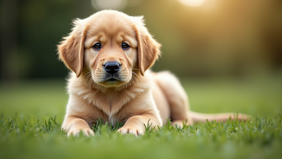 Eye-level view of a Golden Retriever puppy sitting on grass