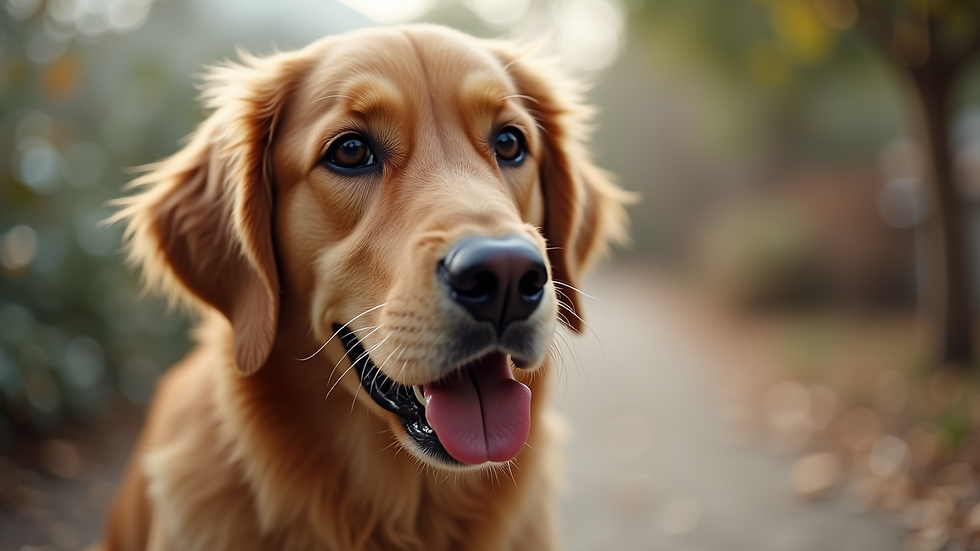 Close-up view of a female Golden Retriever looking attentively with soft eyes