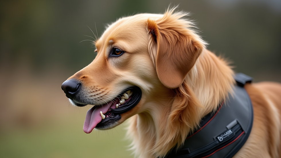 Close-up view of a golden retriever wearing a service dog vest