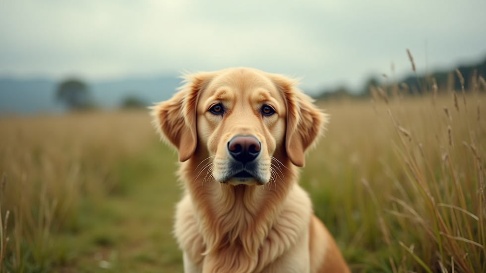 Eye-level view of a Golden Retriever standing in a grassy field
