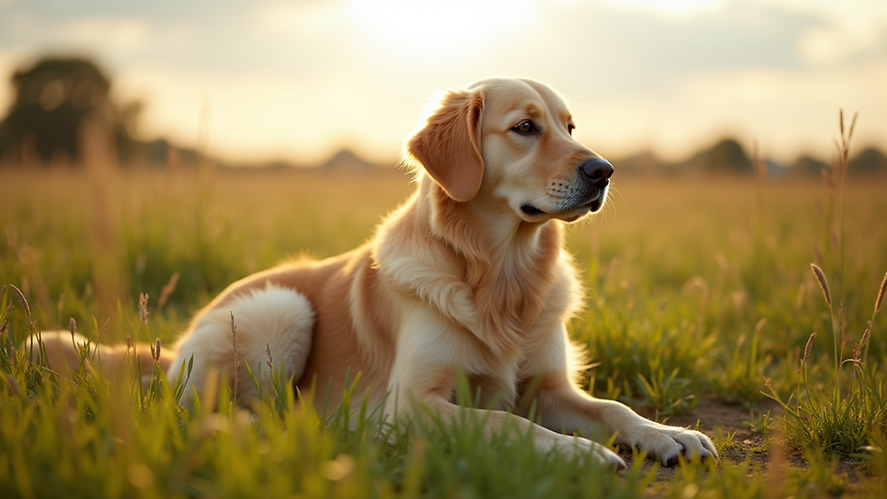 Eye-level view of a Golden Retriever sitting calmly in a grassy field