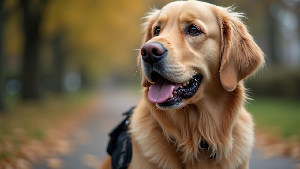 Close-up view of a Golden Retriever wearing a service dog vest