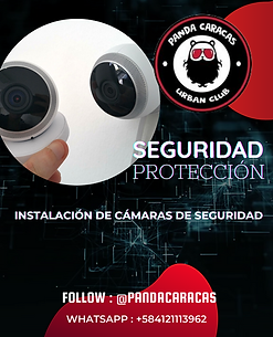 Pieza de diseño digital de Panda Caracas para redes sociales sobre servicio técnico especializado de cámaras de seguridad CCTV, con un render en 3D de una cámara domo sobre un fondo geométrico oscuro y verde.