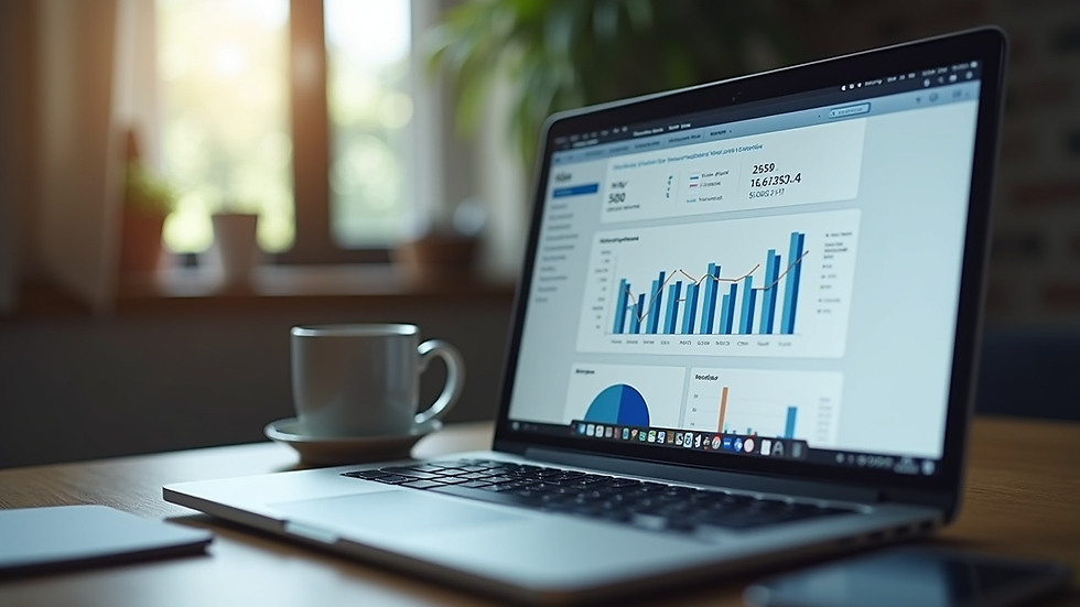 Eye-level view of a laptop screen displaying accounting software dashboard