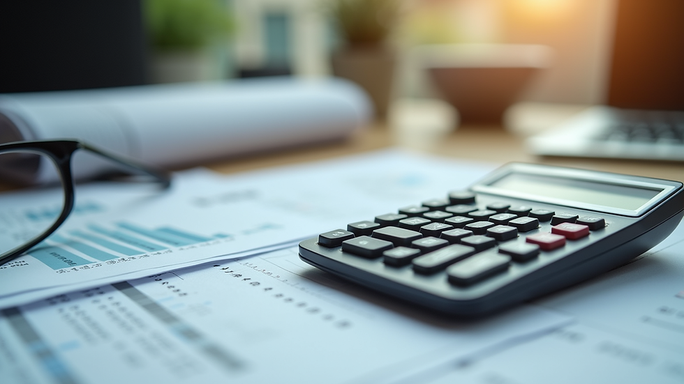 Close-up view of a calculator and financial documents on a desk