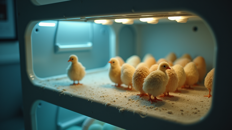 Eye-level view of a digital incubator with hatching eggs inside