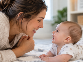 Mother and baby interacting face-to-face during playtime