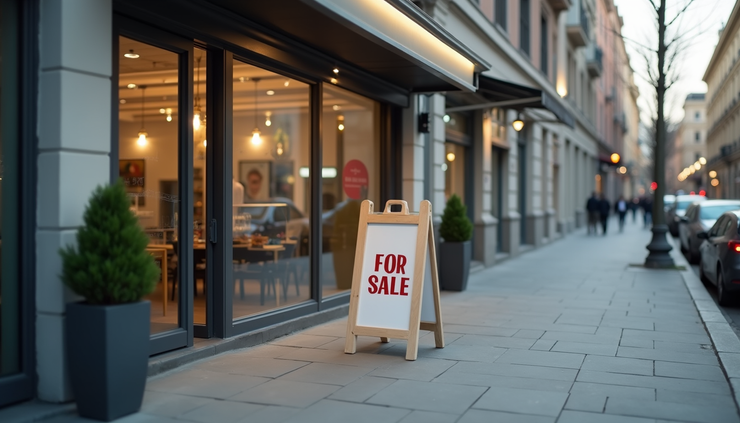 Eye-level view of a small business storefront with a "For Sale" sign