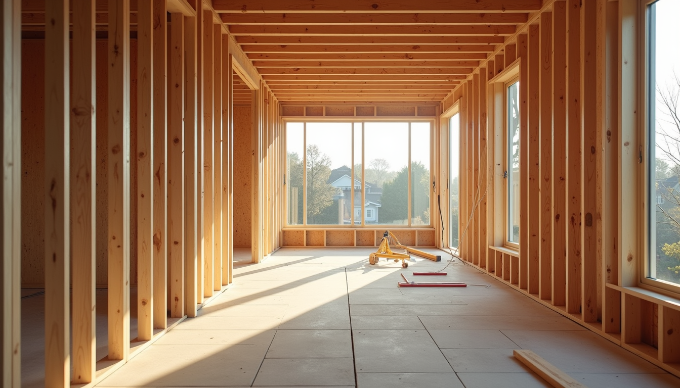 Eye-level view of a partially constructed home addition with wooden framing and construction materials
