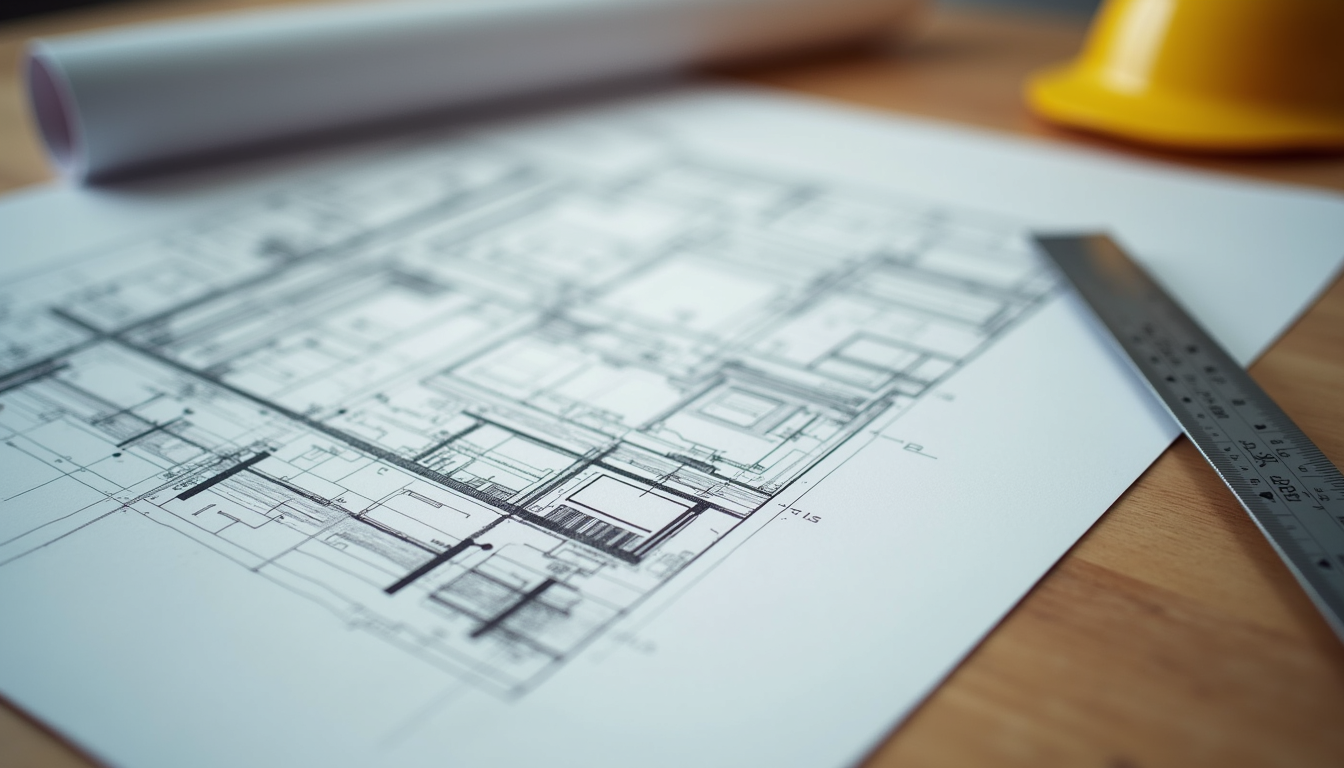 Eye-level view of architectural blueprints and measuring tools on a wooden table