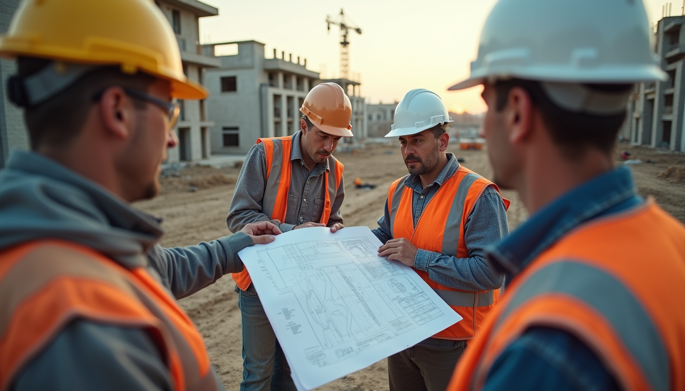 Eye-level view of a construction site with workers reviewing blueprints near foundation work