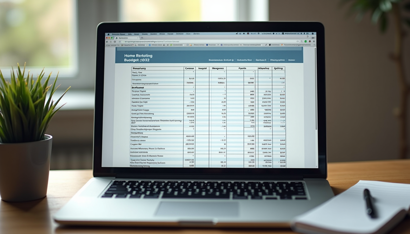 Eye-level view of a laptop screen showing a home remodeling budget spreadsheet