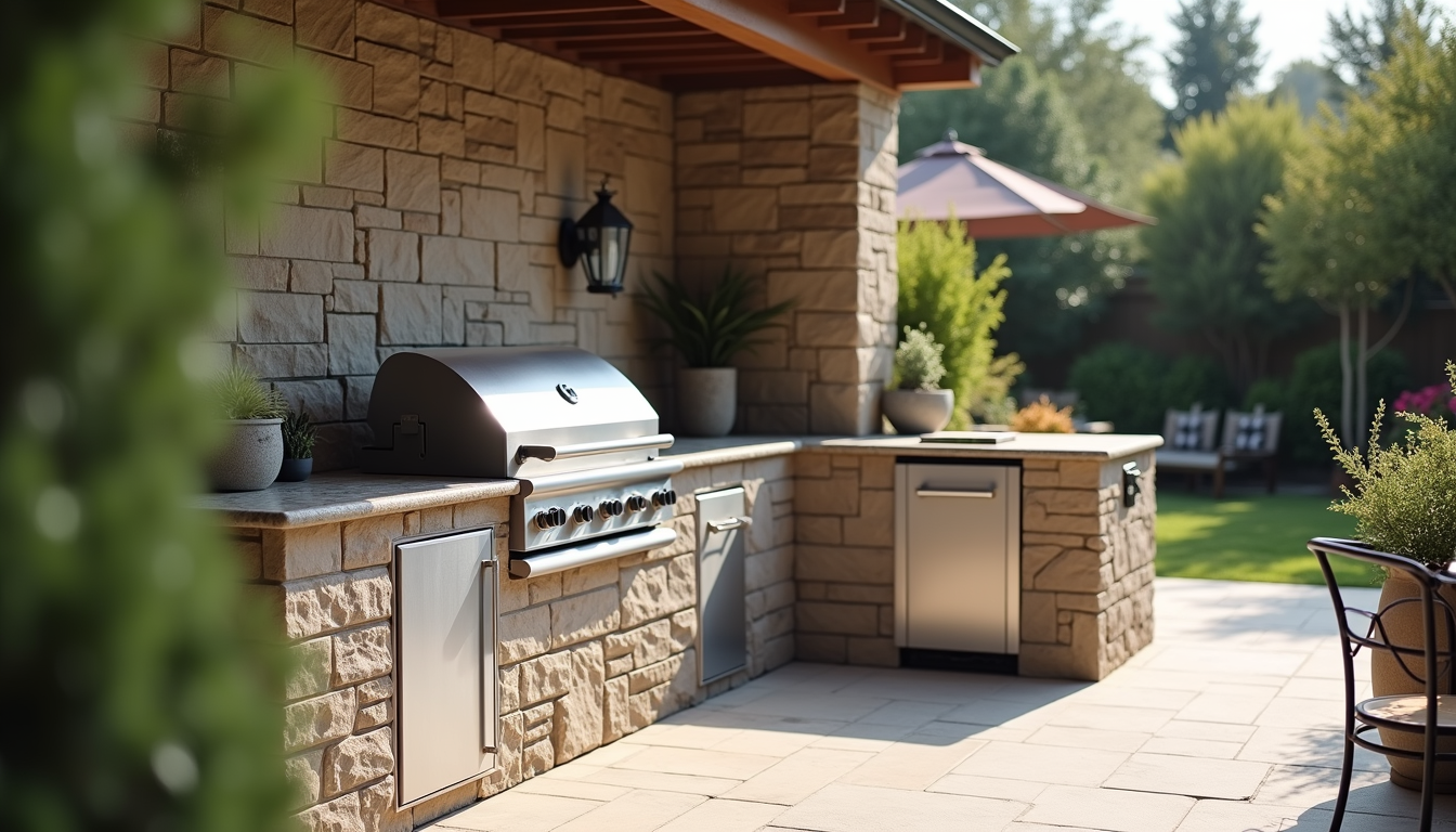 Close-up view of a custom-built outdoor kitchen with stone countertops and stainless steel appliances