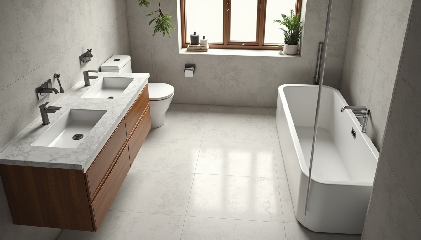 High angle view of a bathroom renovation showing new tile flooring and modern fixtures